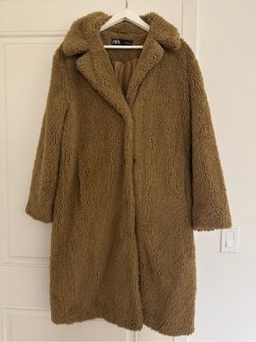 ZARA Teddy Faux Shearling Coat in Camel Brown
